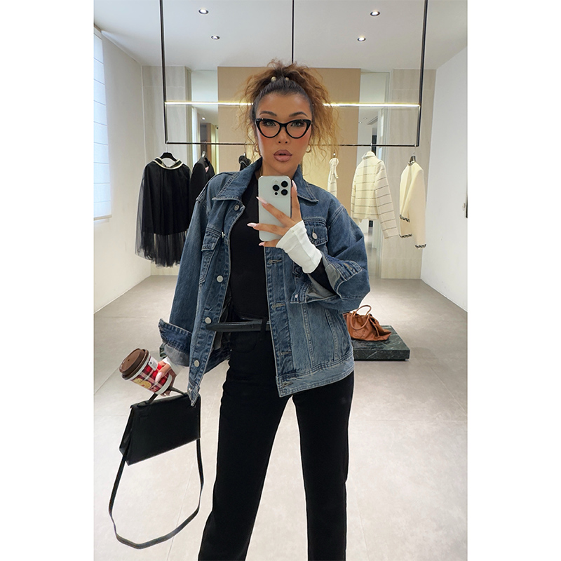 {小溪家}早秋春美式牛仔外套水洗蓝复古简约ins风设计感外套上衣