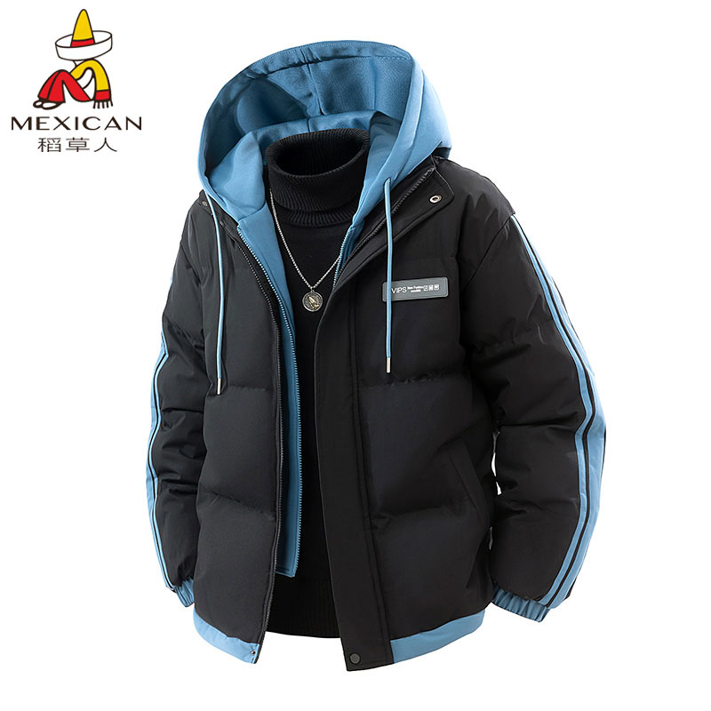 稻草人加厚保暖连帽冬季棉服男士短款时尚假两件休闲百搭情侣棉衣