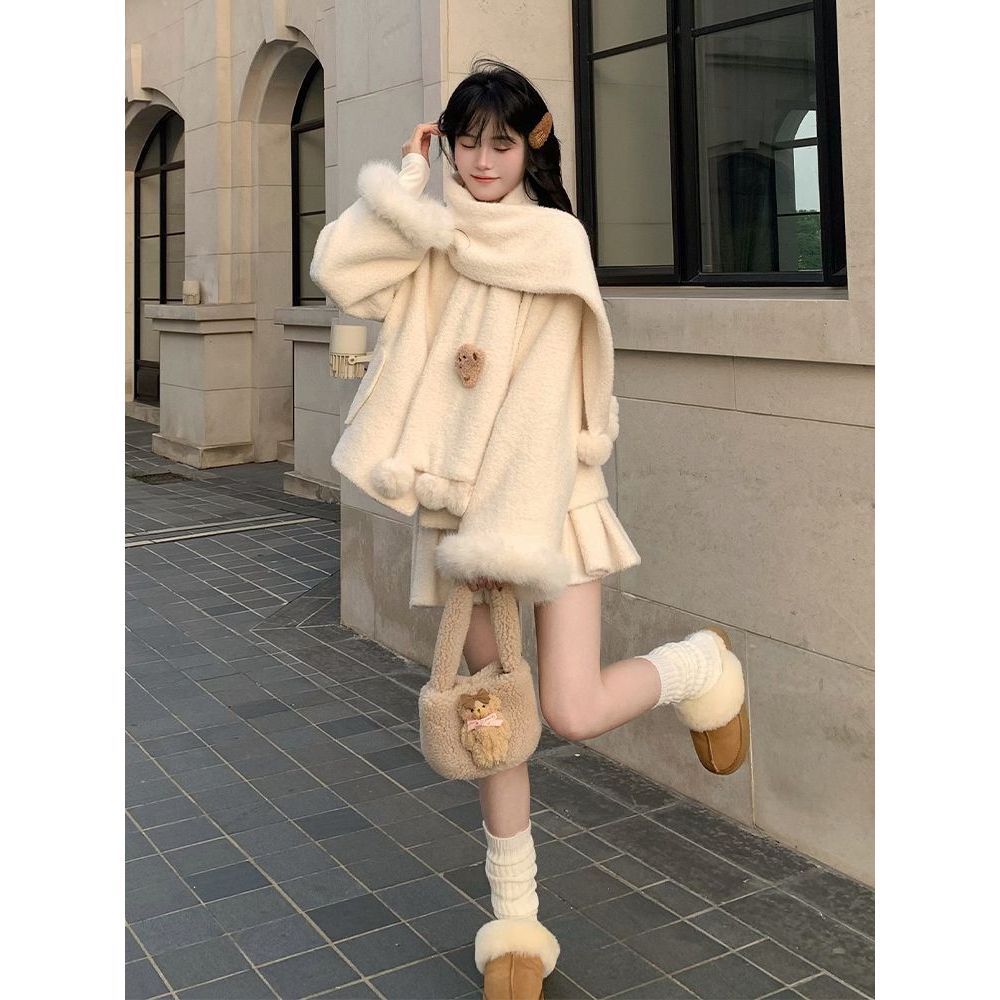 安纳茜童话 冬装新款日系甜美设计感绒球围巾毛绒绒外套半裙套装