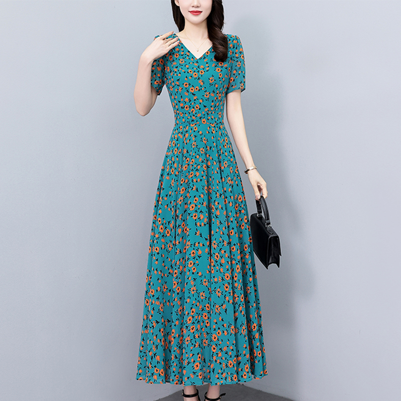 2025夏季新款雪纺碎花连衣裙大码胖mm收腰显瘦遮肚长裙