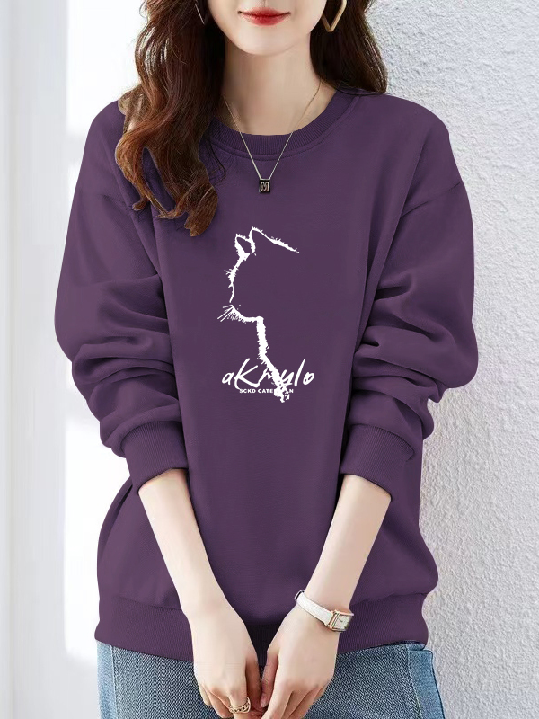 2025秋冬新款圆领卫衣女印花宽松套头帽衫葡萄紫休闲长袖上衣外套