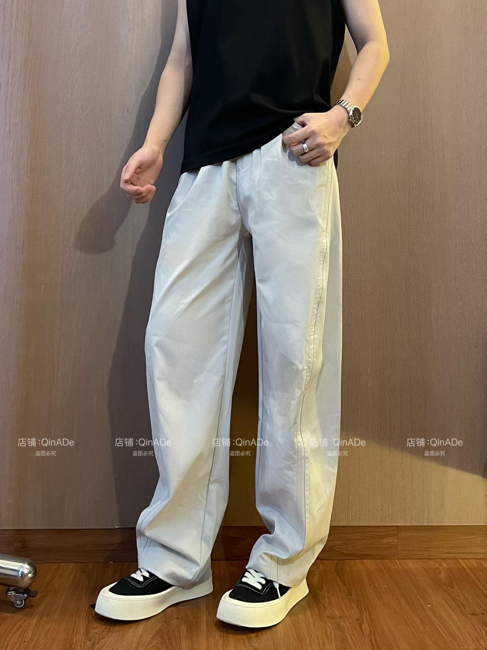 QinADe秋季男士休闲裤百搭立体剪裁舒适阔腿裤宽松直筒松紧腰长裤