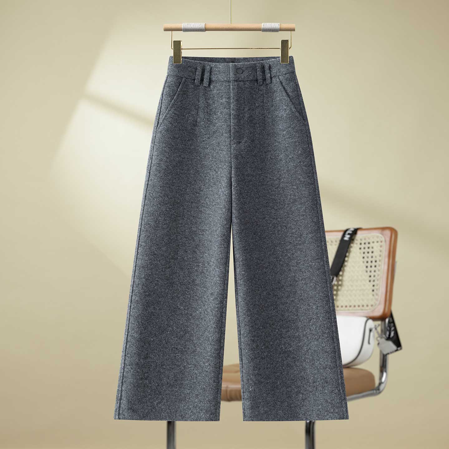 绵羊毛加厚羊绒八分裤女秋冬季高腰小个子显瘦阔腿宽松休闲直筒裤