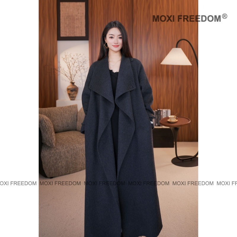 【盐风棱语】高品质气质新款休闲腰带中长款双面羊毛大衣外套女装