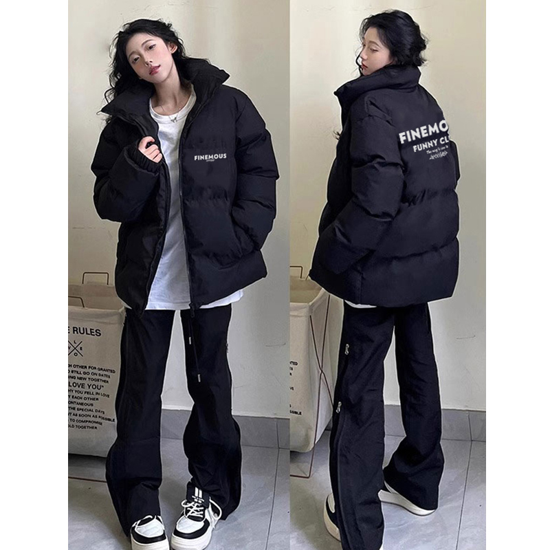 白鸭绒立领羽绒服女冬季新款宽松休闲百搭复古chic宽松黑色外套