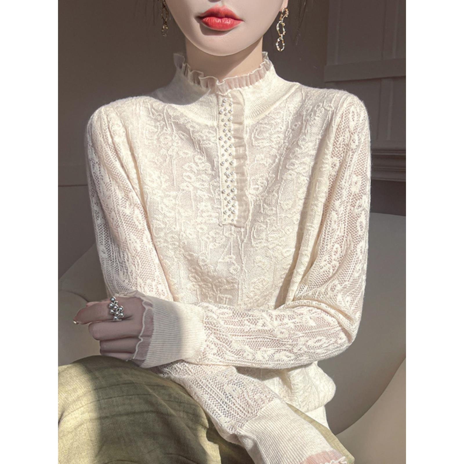 2025春秋新花半高领薄款针织毛衣女气质百搭荷叶领打底衫