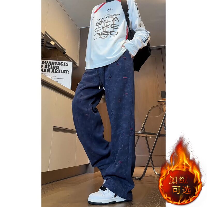 美式撞色破洞休闲弯刀裤子男潮牌直筒宽松水洗做旧重磅垂感卫裤