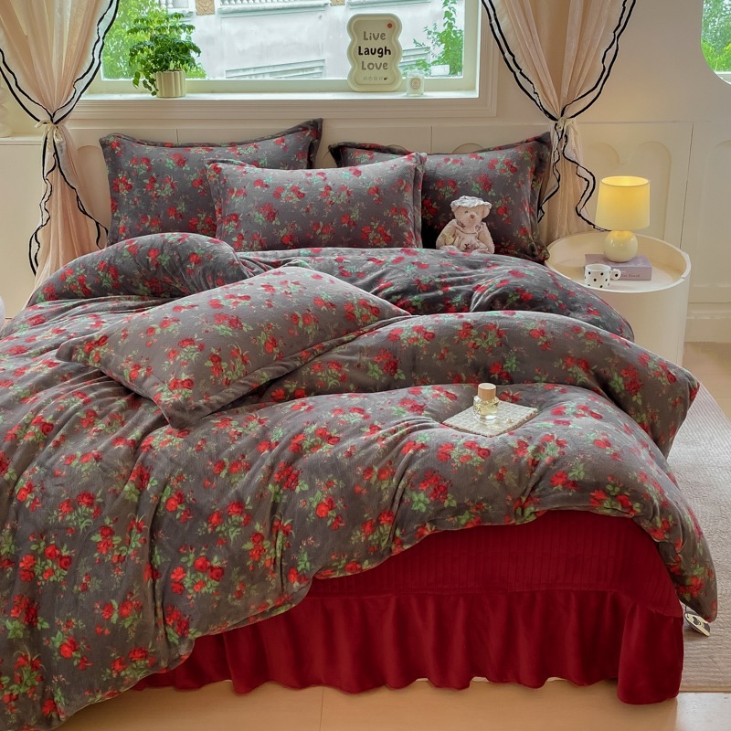 新款牛奶绒床单四件套冬季双面保暖床单被套红色牛奶绒保暖床品