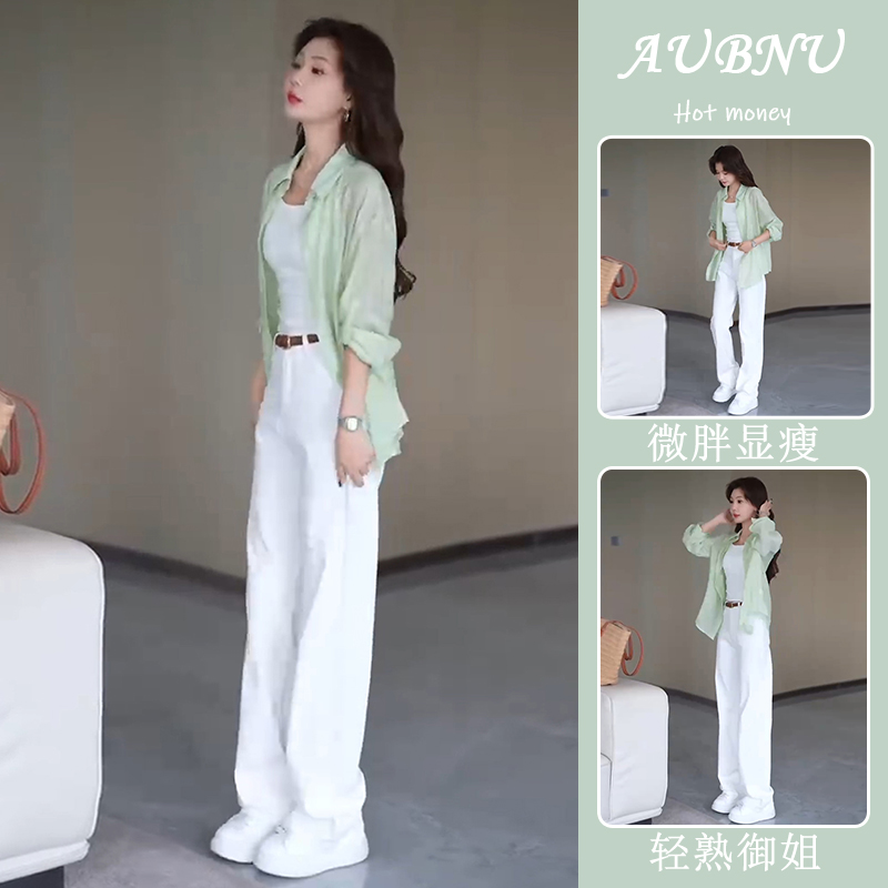 夏季气质茶系一整套韩版宽松简约显瘦薄款绿色防晒衬衫休闲裤套装