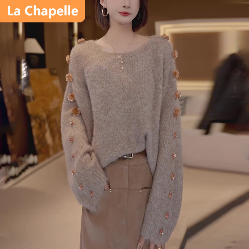 拉夏贝尔超好看时尚毛衣女春秋冬设计感宽松亮片套头针织上衣潮