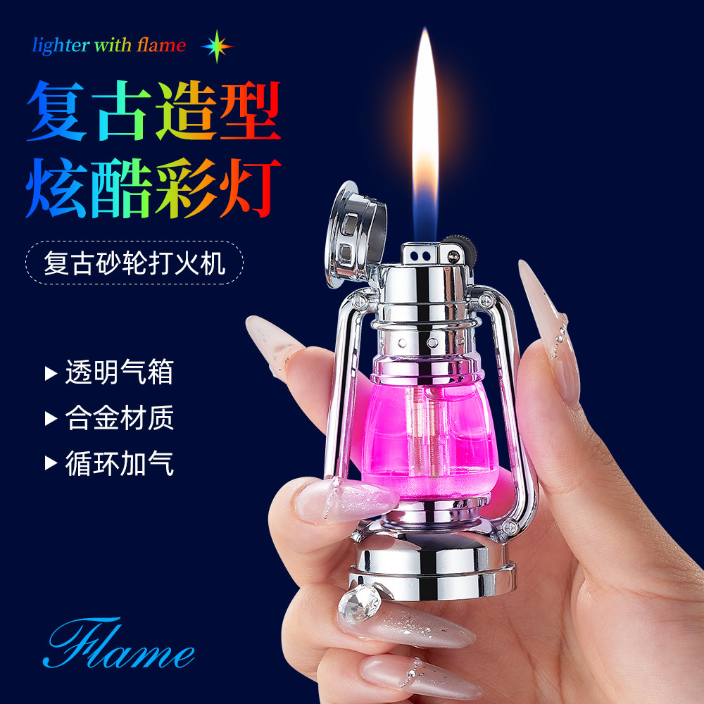 新款中式马灯造型带氛围灯创意砂轮充气打火机透明迷你摆件礼物