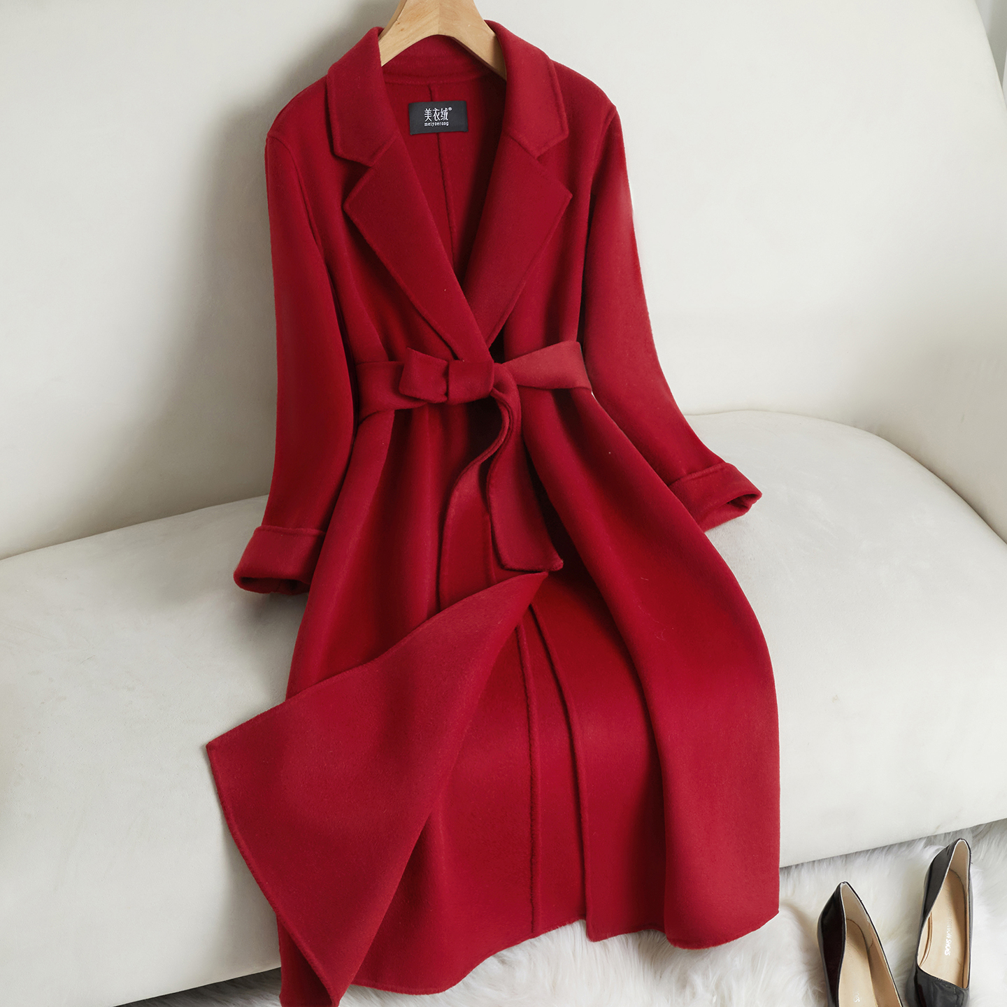 拉菲红双面羊毛大衣女长款过膝修身高端时尚结婚毛呢外套秋冬新款