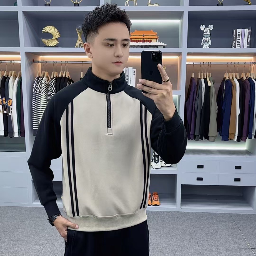 2025秋冬新款加绒半拉连立领卫衣男士拼接织带百搭长袖打底衫8926