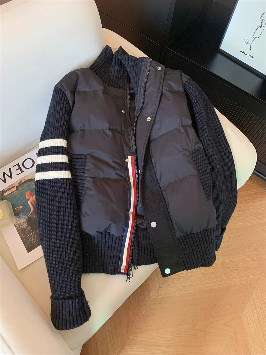 韩版时尚立领针织拼接三条杠棉服2025秋冬气质休闲百搭棒球服外套