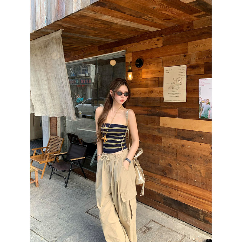 老钱风松弛感女装辣妹气质条纹显瘦抹胸上衣高腰阔腿工装裤两件套