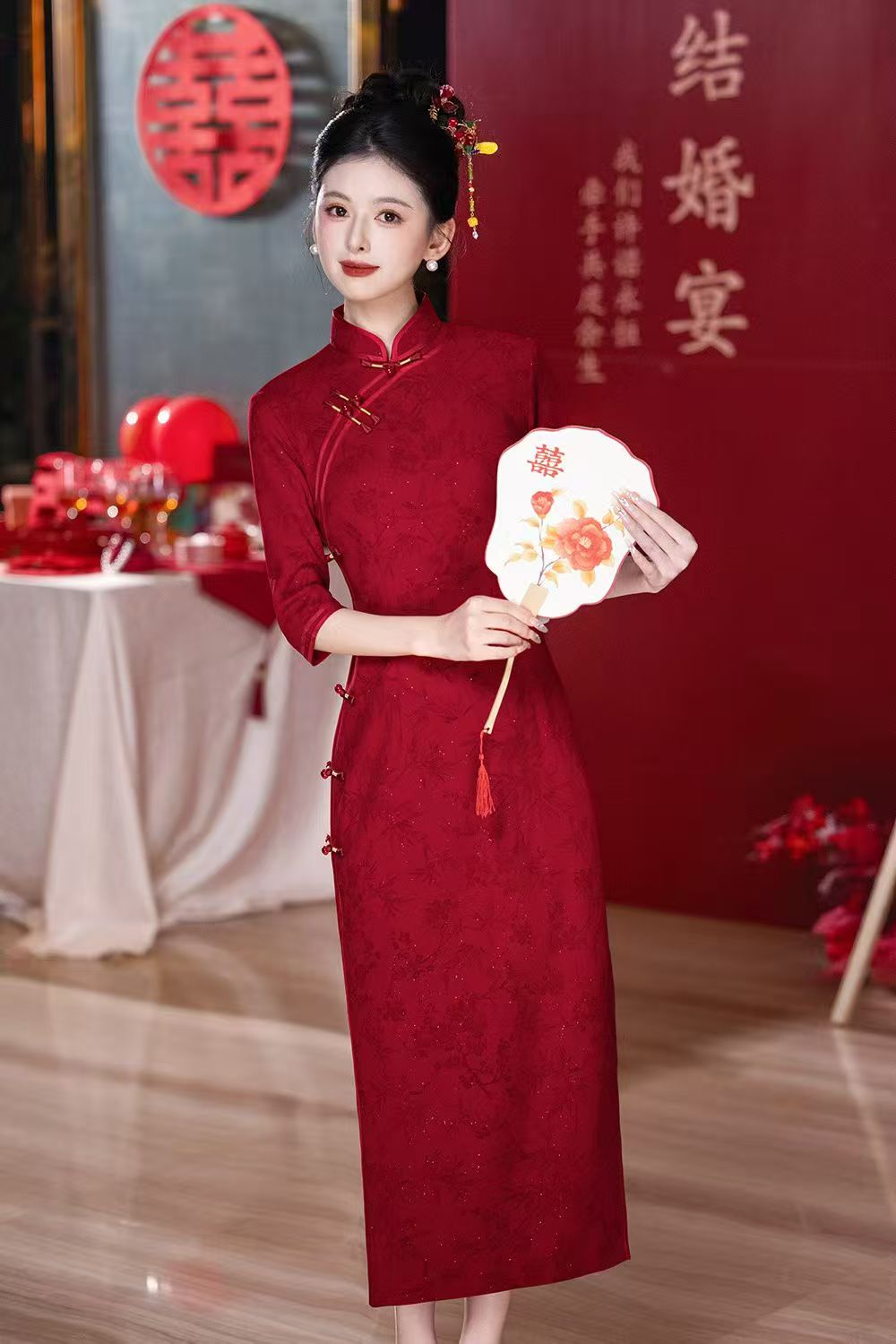 【心相印】中国风中式结婚秋季红色金丝气质旗袍显瘦时尚A21