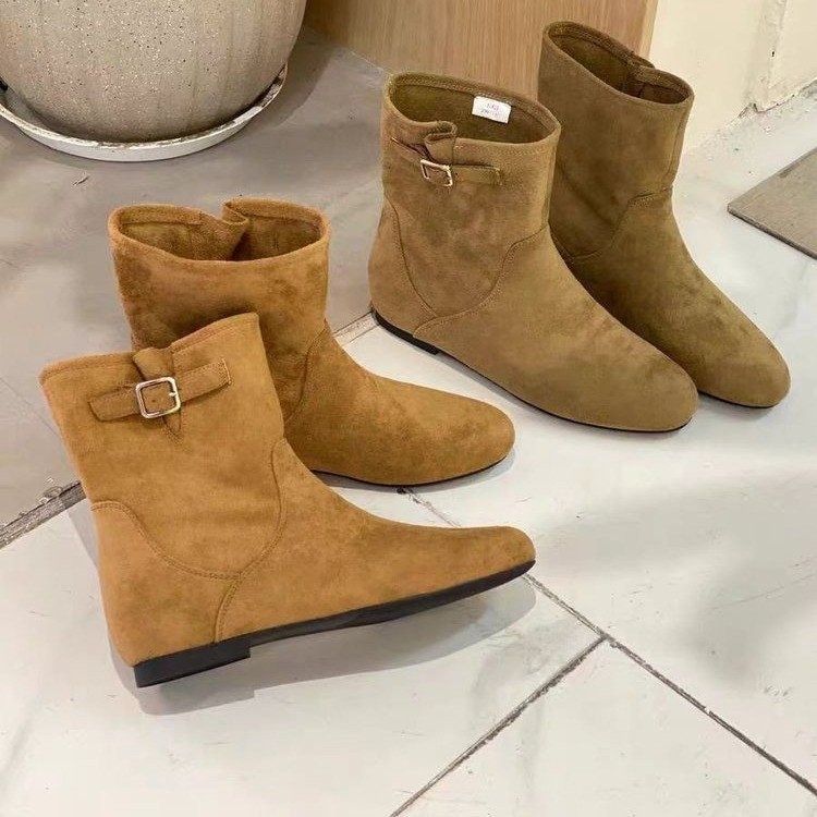 2025短筒靴显腿长短筒靴子胖妹妹扣带一脚蹬堆堆筒流苏弹力靴子