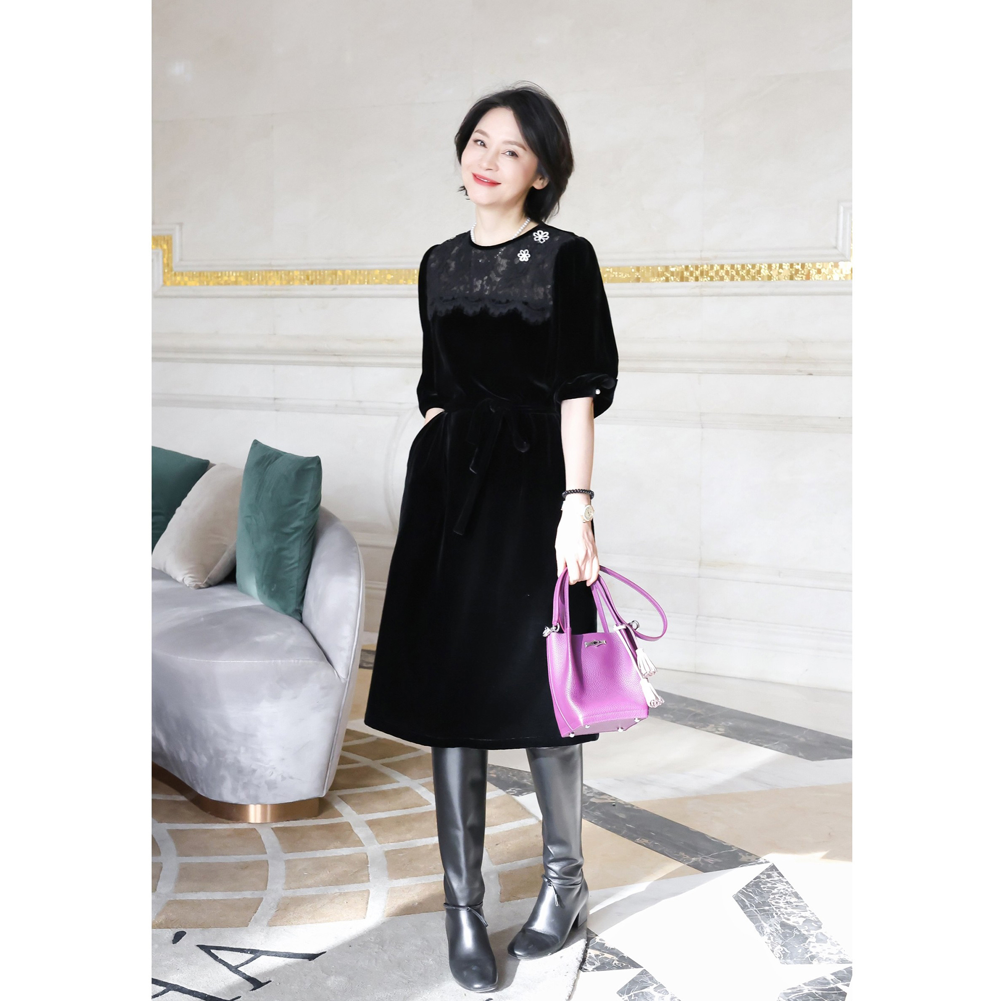 RuienCo. 100桑蚕丝 丝绒气质圆领蕾丝早春连衣裙礼服