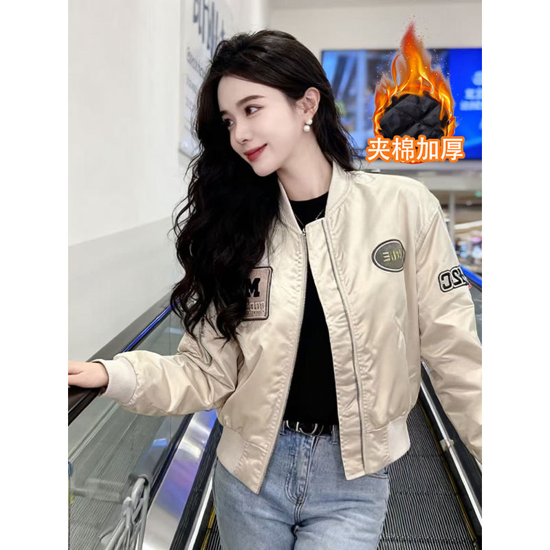 韩系棒球短款外套女秋冬季加厚夹棉小个子香风宽松夹克上衣服