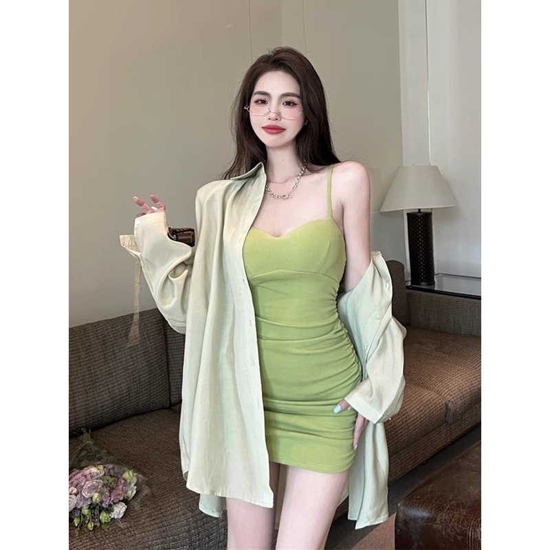 【清仓】2025夏季新款辣妹修身绿色吊带连衣裙女小个子收腰纯欲