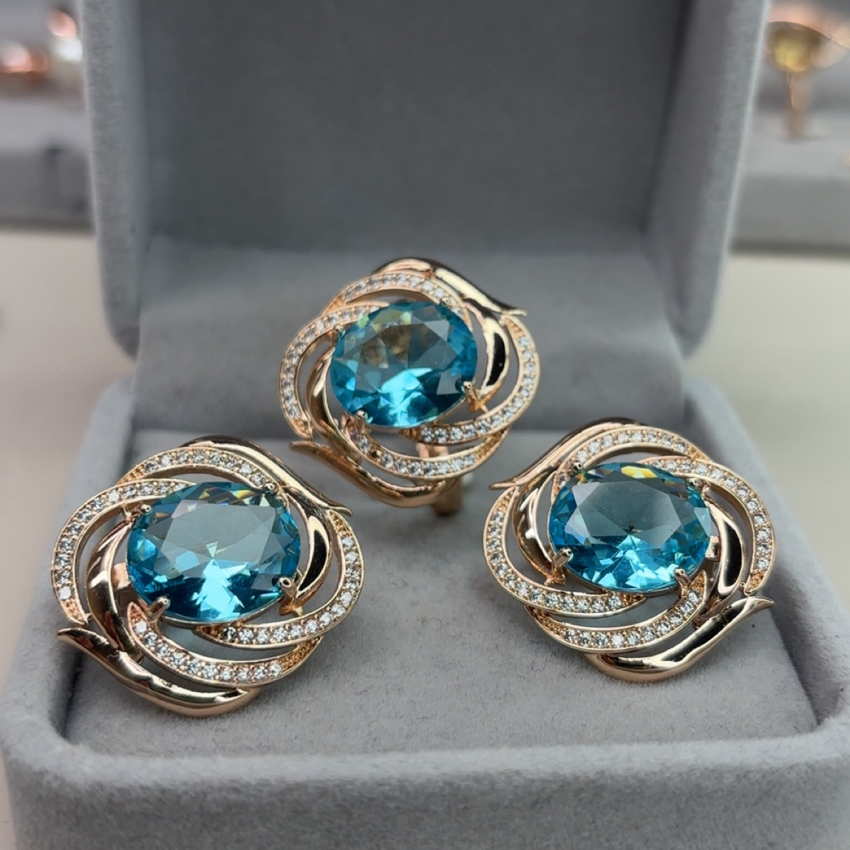 铜合金锆石耳饰 新款镀金两件套耳环