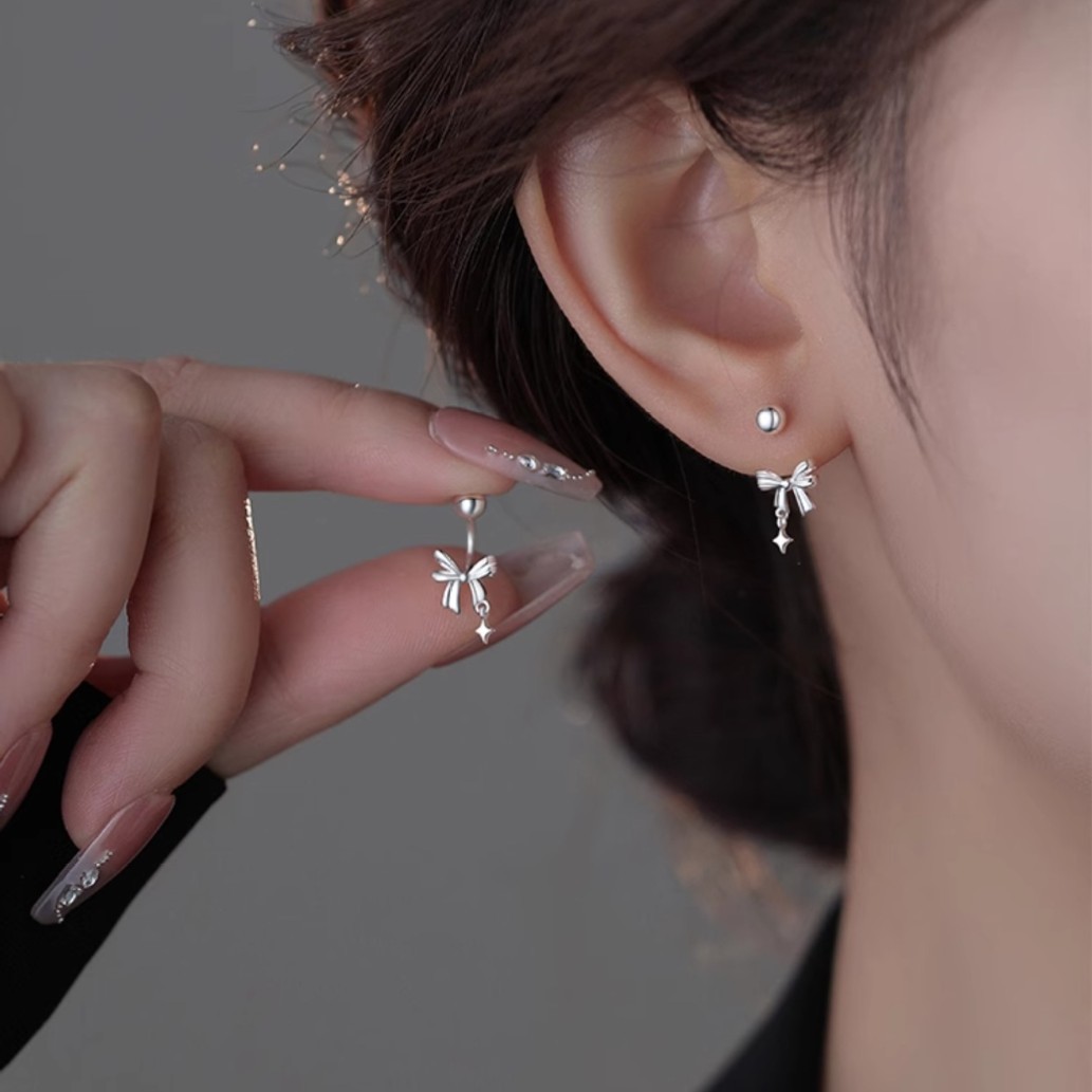 925银耳饰 925银针设计感蝴蝶结百搭女螺丝拧扣养耳洞耳钉2025新