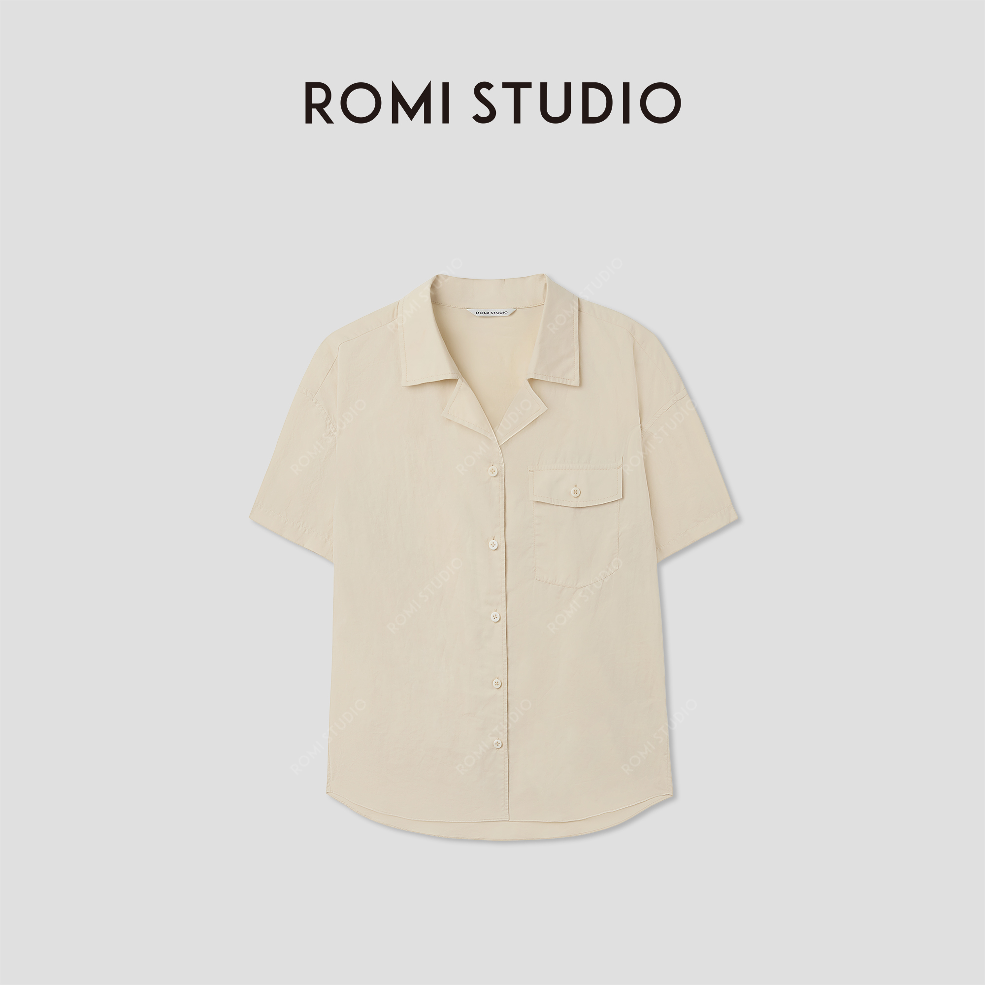 ROMI STUDIO“简约复古”轻薄干爽纯棉宽松翻领短袖衬衫 RWCRST3409