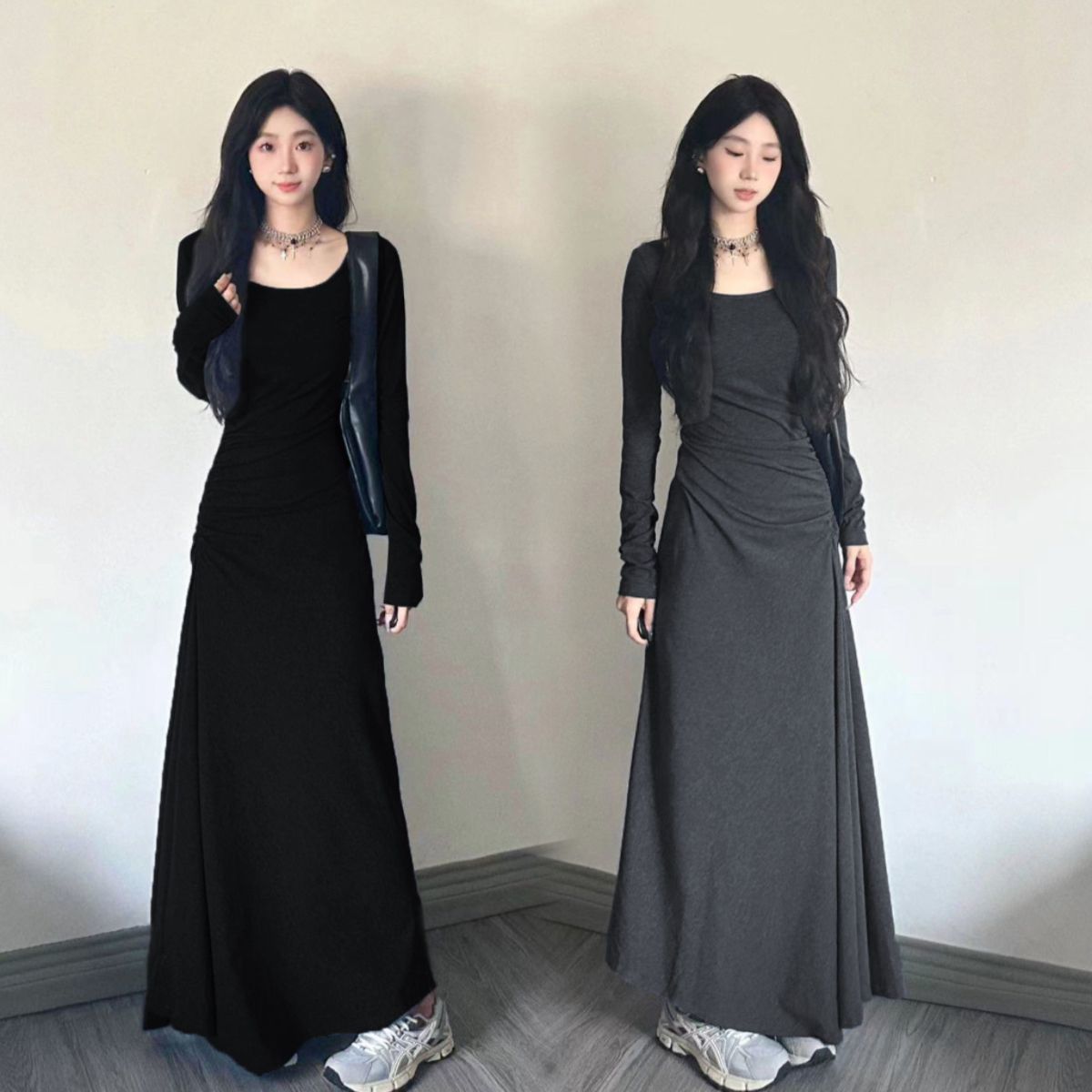 法式长袖黑色连衣裙女装收腰显瘦垂感长裙高级感过膝裙子秋冬内搭