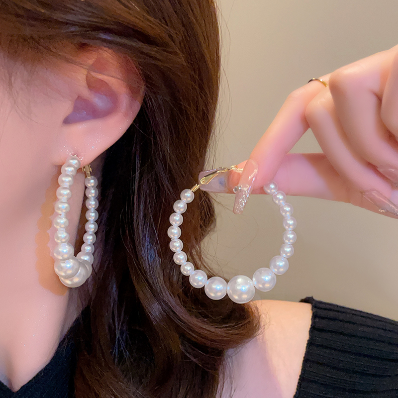 合金仿珍珠耳饰 法式珠珠大耳圈耳环韩国气质网红耳钉高级感耳饰