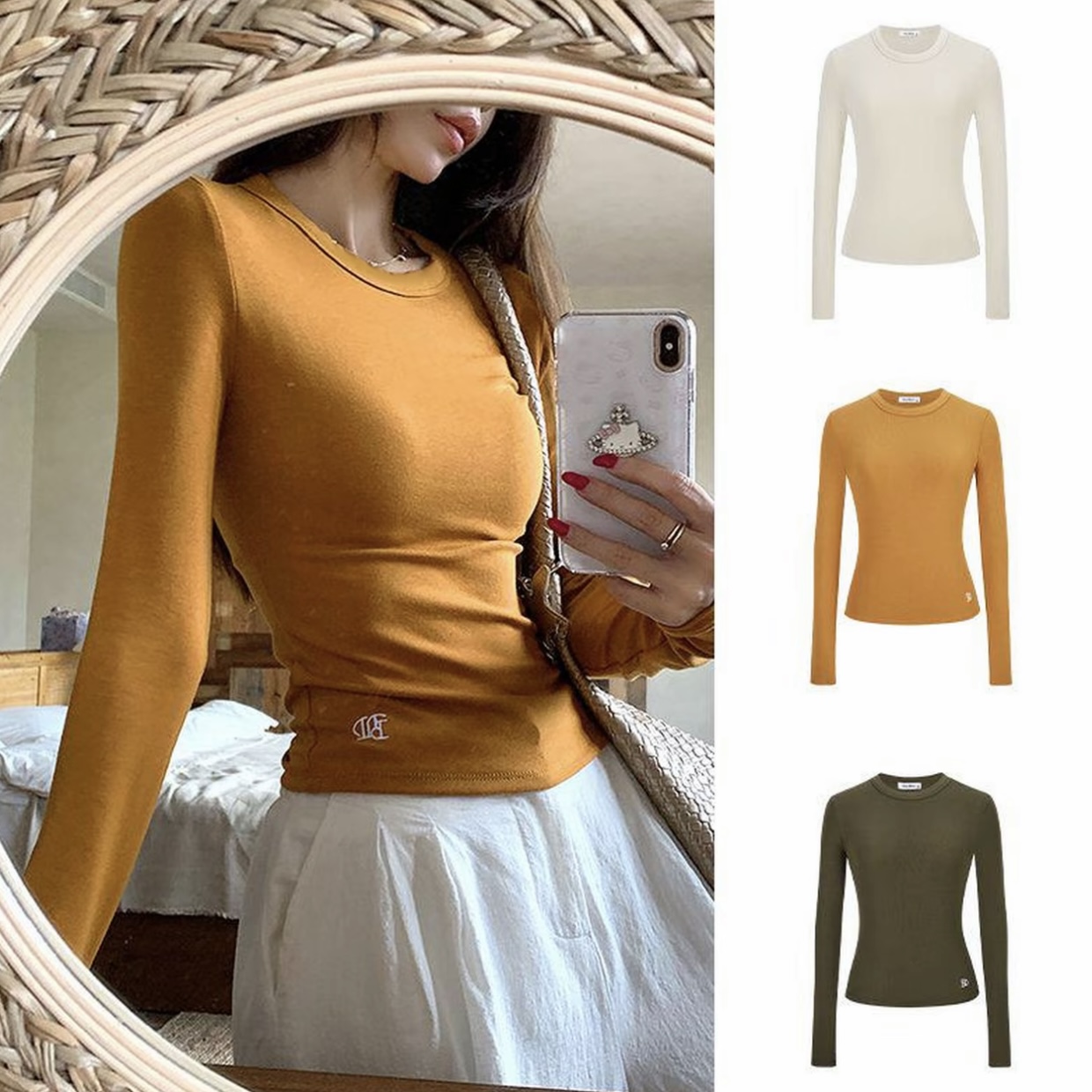 早秋新款美式辣妹正肩长袖T恤女时尚圆领刺绣内搭打底衫上衣女