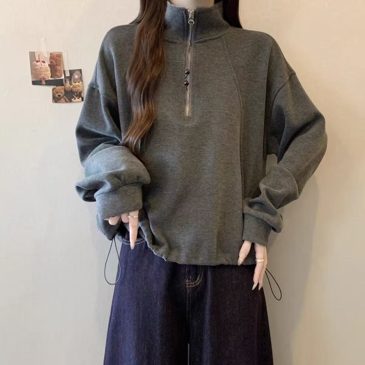 大码女装遮肚子半拉链立领加厚卫衣女胖妹妹宽松显瘦减龄上衣