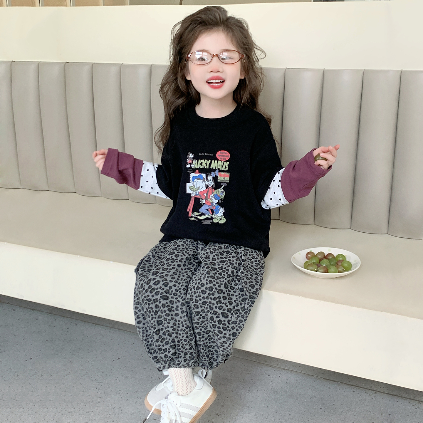 女童秋季2025新款儿童时尚洋气中小童假两件印花T恤豹纹裤套装
