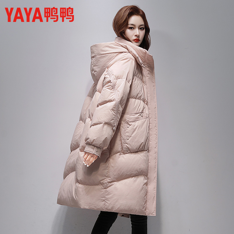 YAYA/鸭鸭长款羽绒服女过膝保暖冬季2025年新款连帽面包服外套潮