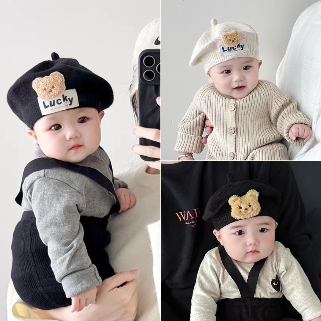婴儿帽子春秋针织贝雷帽卡通小熊超萌可爱画家帽凹造型百搭毛线帽