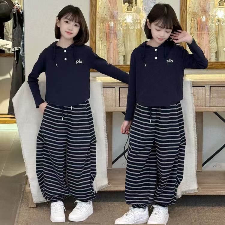 女童条纹裤套装洋气时髦2025新款春秋季儿童时尚休闲帽衫两件套