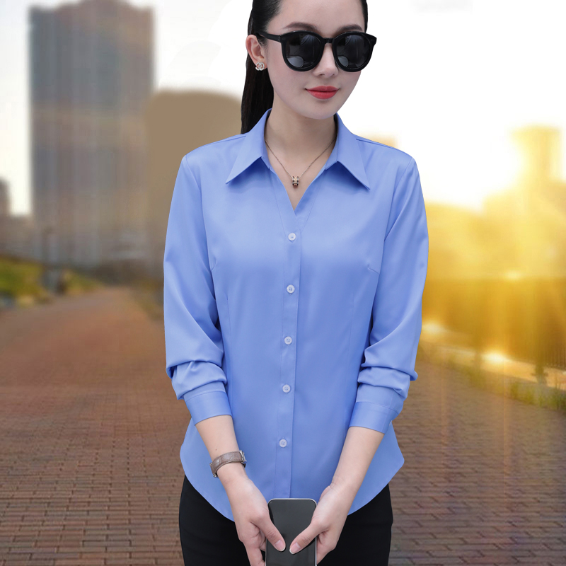 蓝色职业v领衬衫女长袖春秋新款气质工装正装工作服免烫面试衬衣
