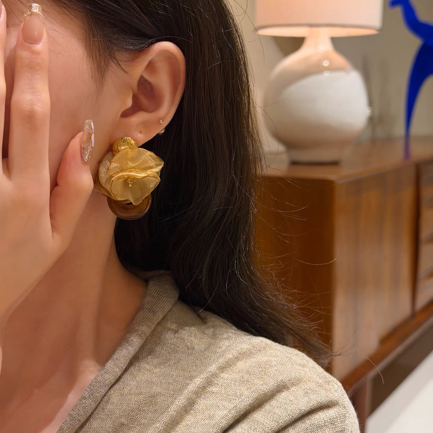 合金耳饰 十里间【秋色玫瑰】法式浪漫摩卡色花朵耳环浪漫耳钉耳饰