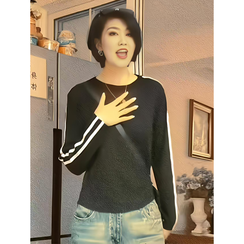 微透麻纱长袖T恤女手臂白条杠圆领轻薄透气黑色上衣