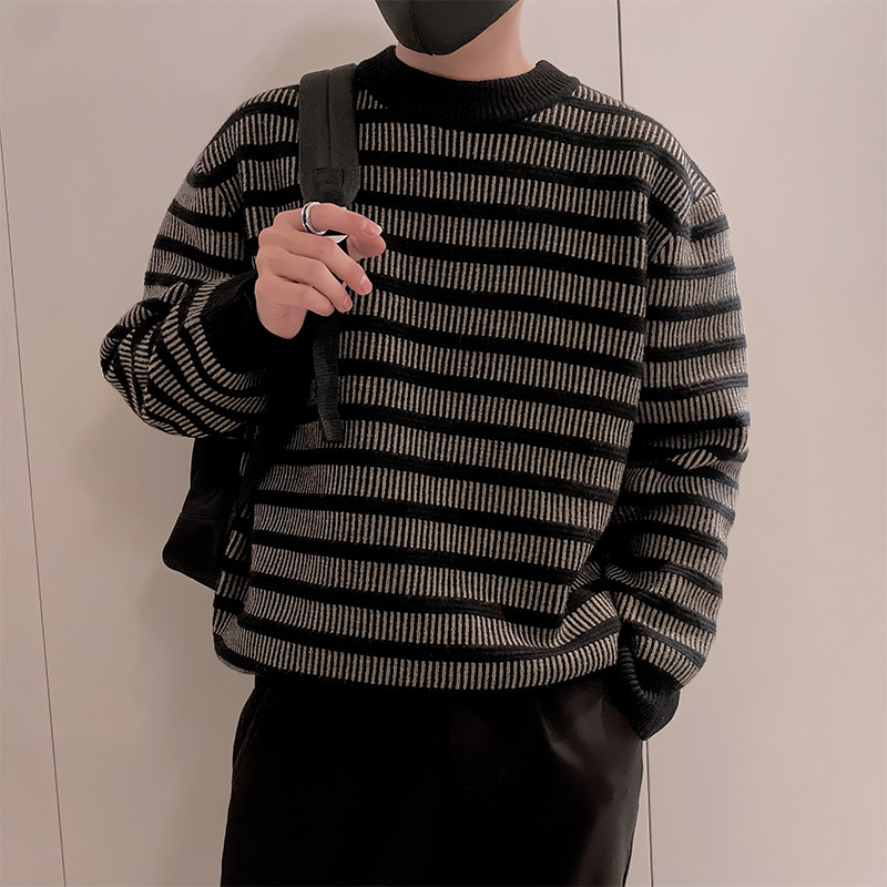 复古条纹圆领毛衣男款秋冬季加厚内搭打底衫慵懒高级感针织衫外套