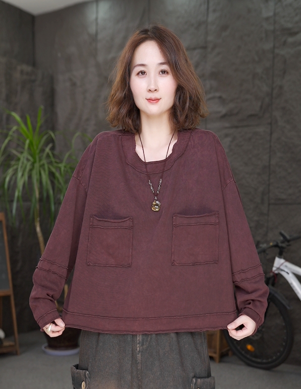 【圆领纯棉长袖T恤】双口袋女装百搭打底衫休闲宽松显瘦上衣QQ