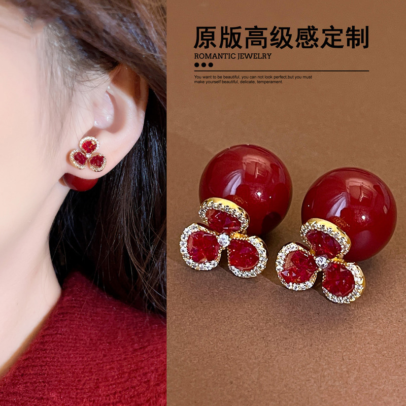 铜合金耳饰 红色锆石花朵大珍珠耳环女2025新款耳钉独特漂亮耳饰