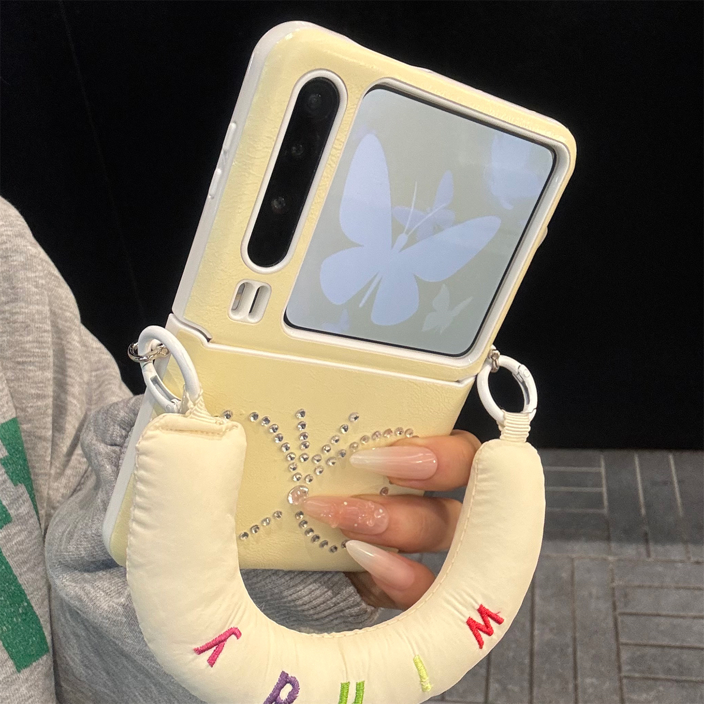 适用华为purax典藏版手机壳米皇底皮纹pocket2水钻立体蝴蝶手提绳