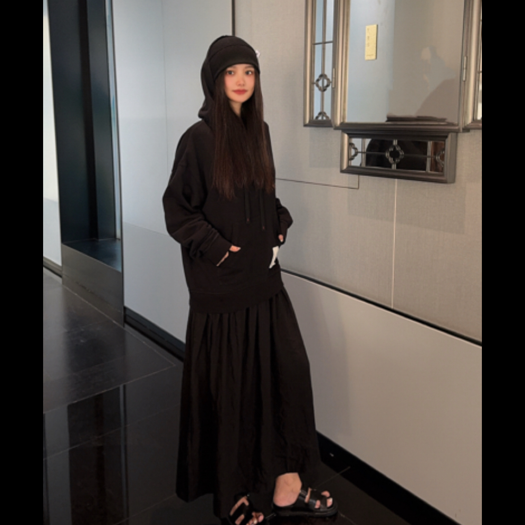 现货LULU BUNNY  卫衣拼接连衣圈贴标磨烂边儿休闲长款连帽