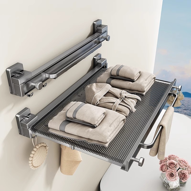 吸盘伸缩浴巾架毛巾架卫生间置物架浴室放衣服架子隐形免打孔