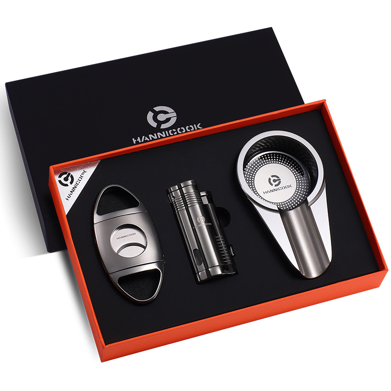 雪茄剪刀打火机烟灰缸三件套装三直冲蓝焰打火机带钻孔工具