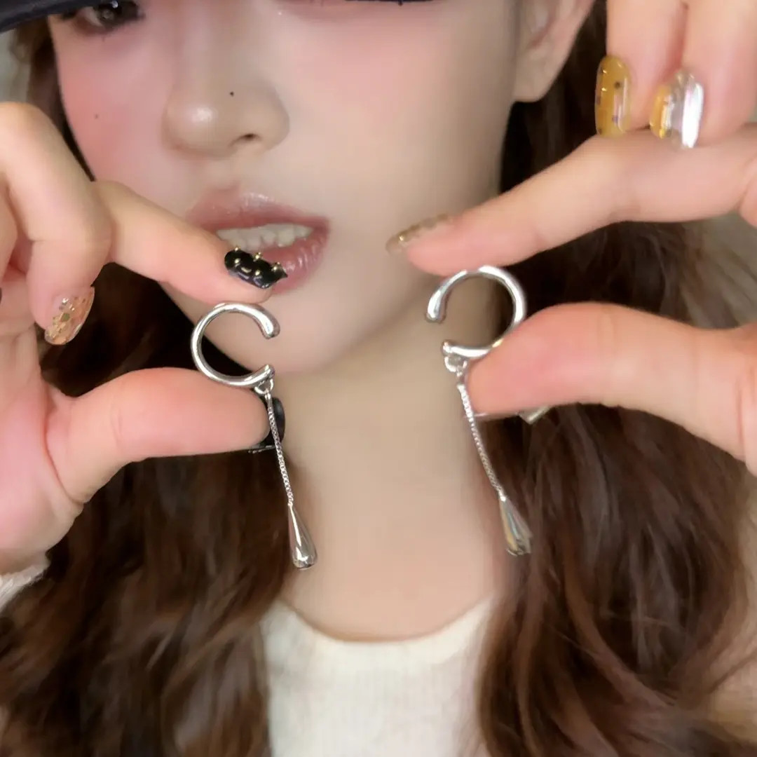 铜合金耳饰 ins冷淡风百搭简约长款流苏链条水滴无耳洞耳骨夹-SX