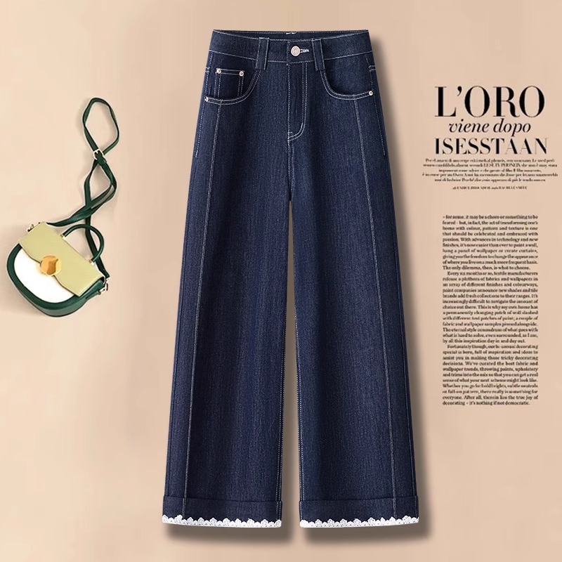 天丝软牛仔裤女夏季薄款2025新款高腰小个子花边九分窄版阔腿裤子