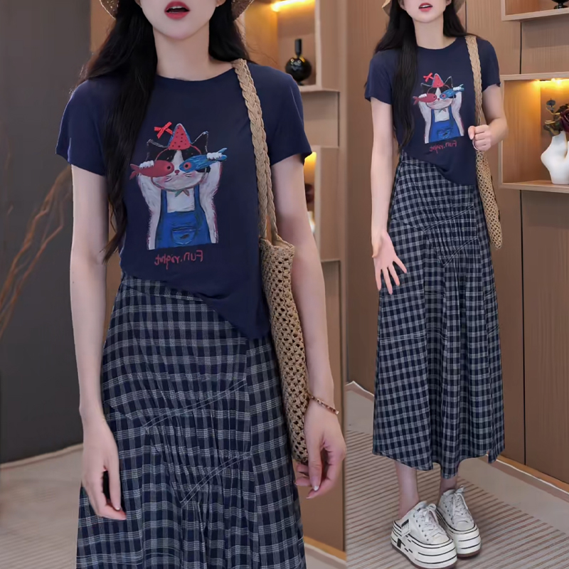 巨好看的夏装一整套韩系时尚印花短袖T恤不规则格子半身裙两件套