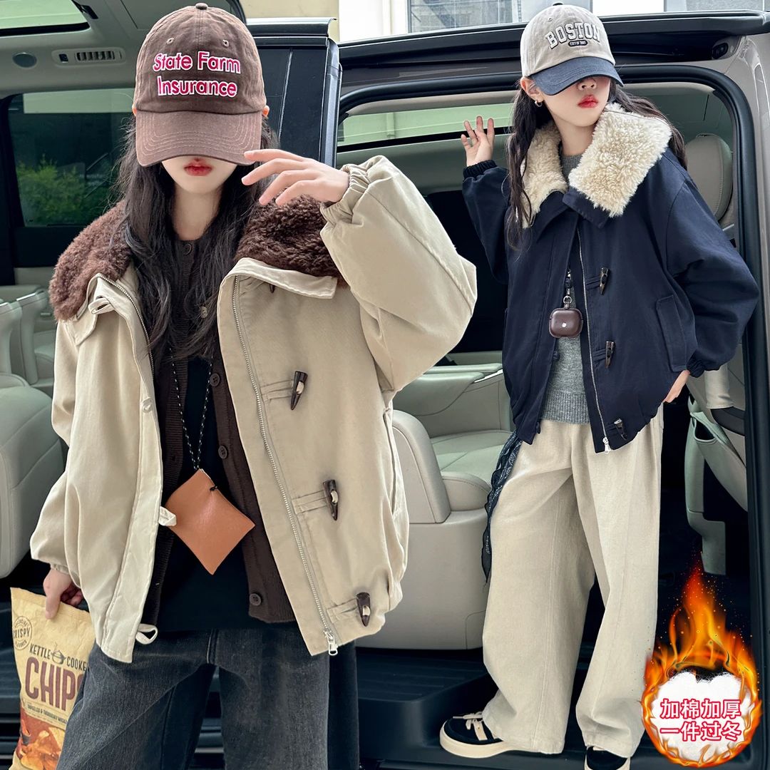 女童秋冬加绒加棉外套2025新款女大儿童冬季加厚毛领派克服6-13岁
