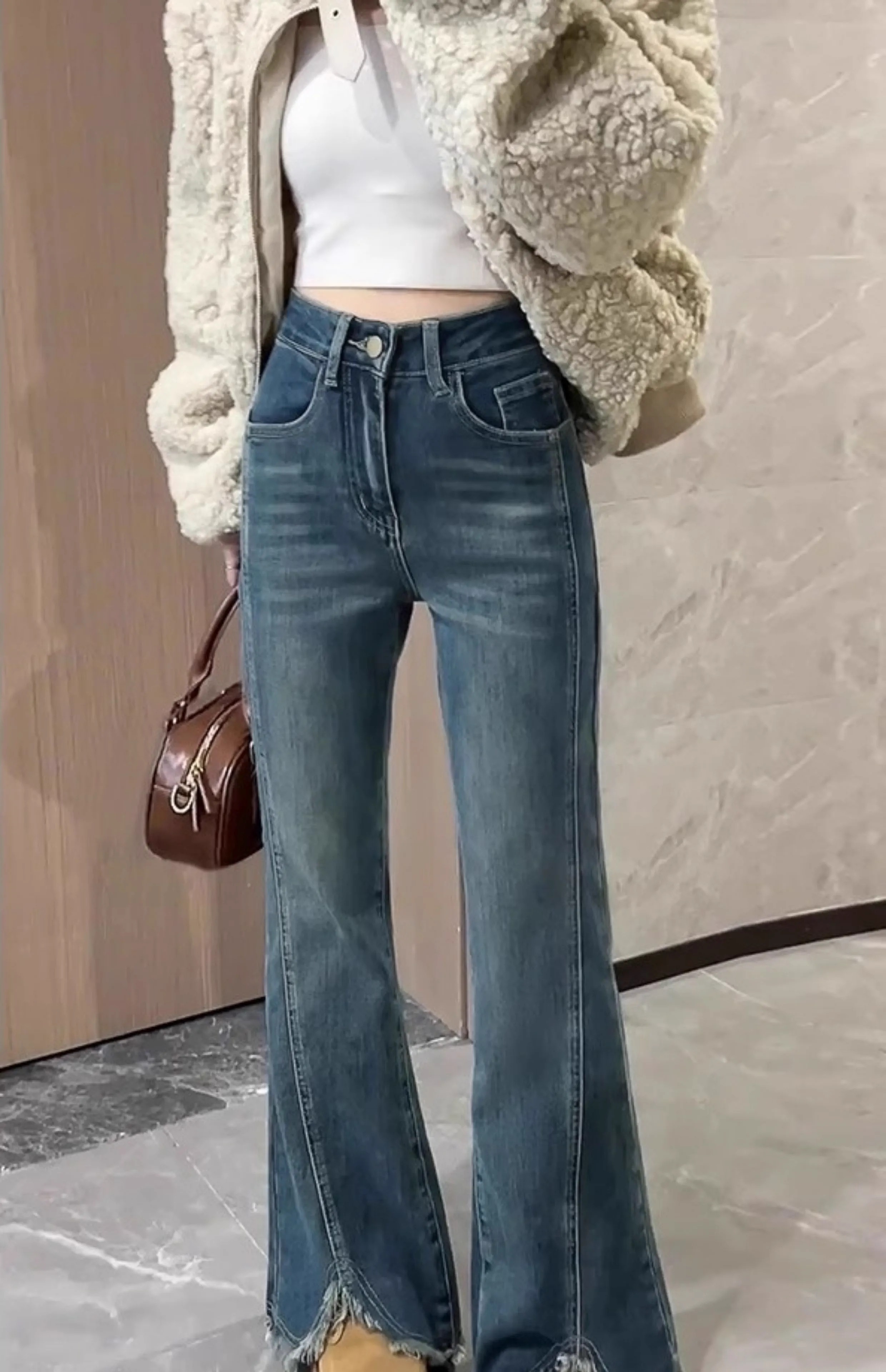 美式微喇牛仔裤女2025秋季款大码高腰弹力显瘦分叉时髦毛边喇叭裤